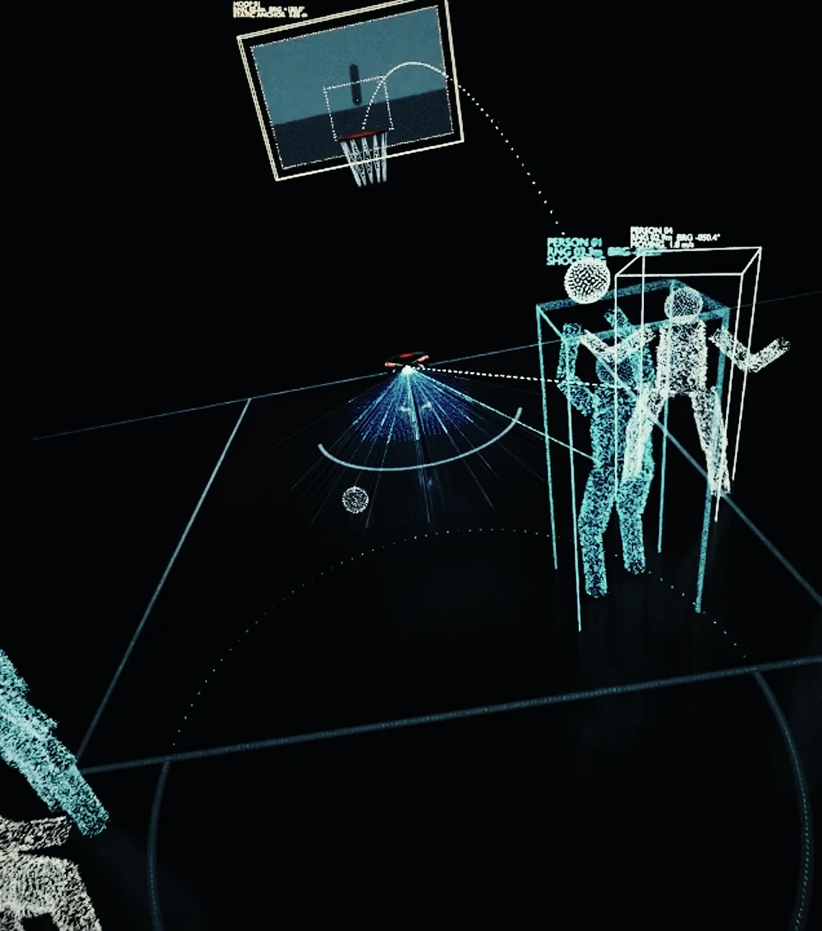 Players resolving as a depth cloud on a wireframe court